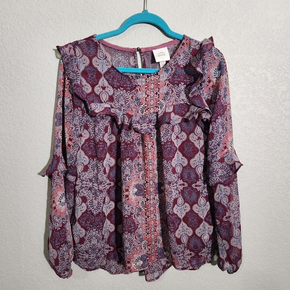 Knox Rose Blouse Womens Small Purple Pink Boho Sheer Long Sleeve Ruffle Paisley